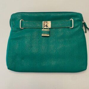 Nine West Green large clutch with zipper closure animal print lining lock charm